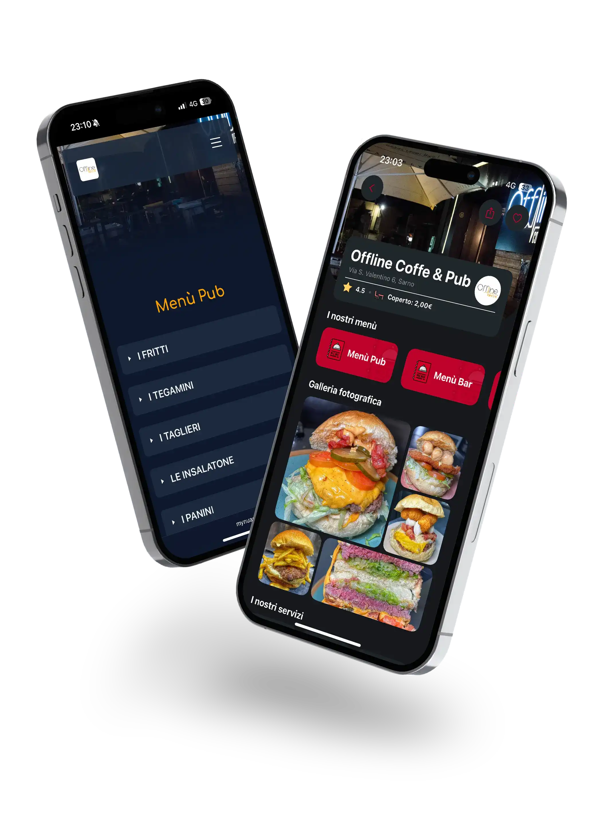 Due Smartphone coìhe mostrano il menù digitale online e su app.